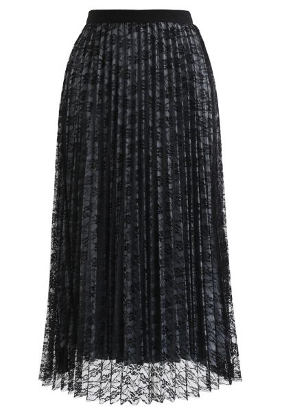 Falda midi plisada de malla floral reversible en negro