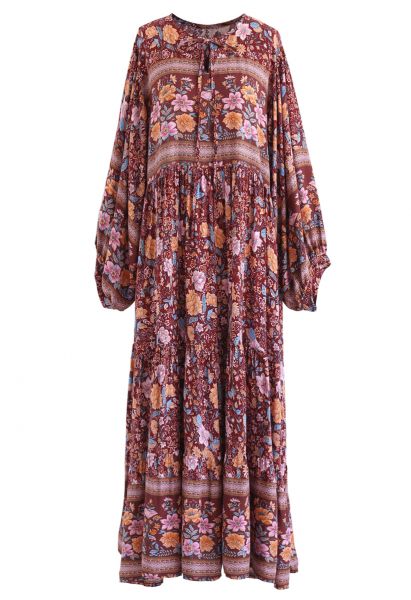 Vestido largo suelto con mangas abullonadas y flores boho en caramelo