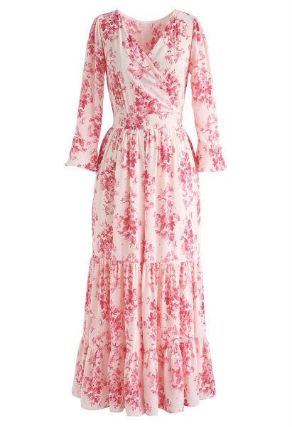 Vestido cruzado de chifón con estampado floral y puños con volantes