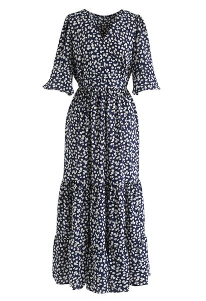 Vestido largo con volante cruzado y estampado de margaritas Sunshine