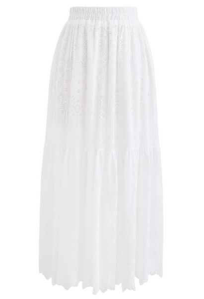Falda midi de encaje floral con bajo con volantes en blanco