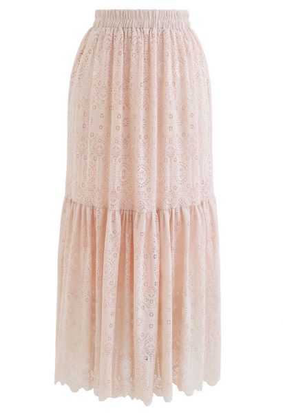 Falda midi de encaje floral con dobladillo con volantes en melocotón