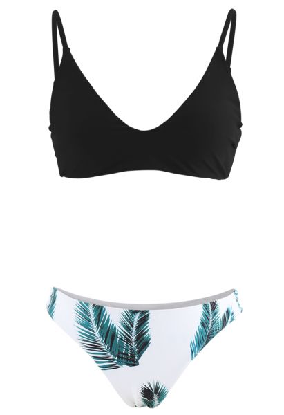Conjunto de bikini de pierna de corte alto con estampado de hojas y tiras ajustables en negro
