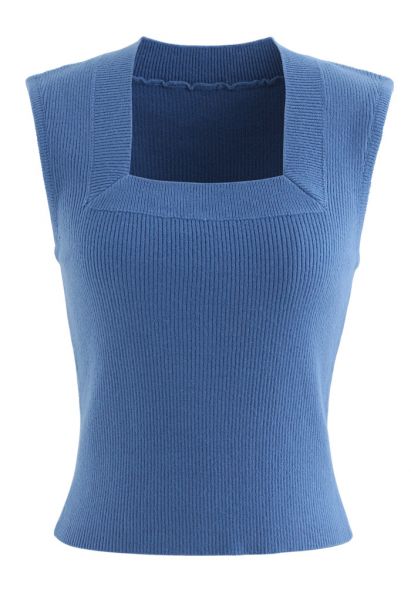 Top de punto acanalado sin mangas con cuello cuadrado en azul