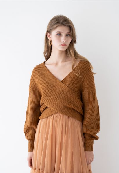 Crisscross Ribbed Knit Crop Sweater in Caramel
