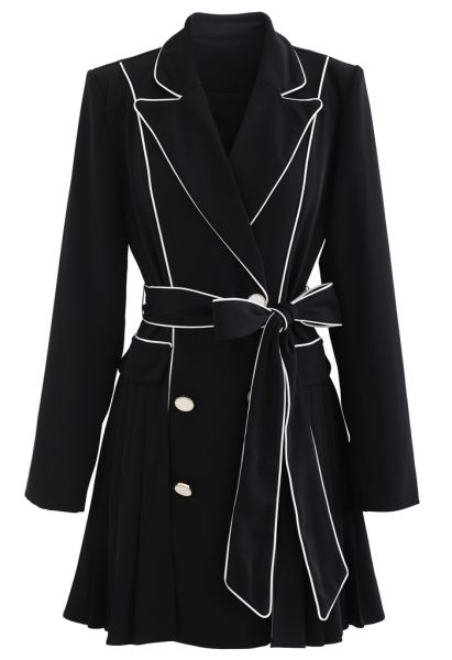 Piped Double-Breasted Pleated Blazer Dress in Black