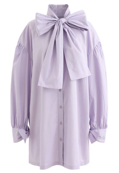 Bowknot Button Down Tunic Shirt Dress in Purple