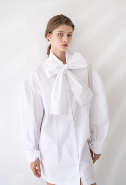 Bowknot Button Down Tunic Shirt Dress in White