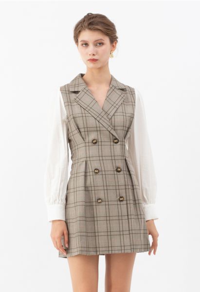Contrast Sleeves Double-Breasted Grid Blazer Dress