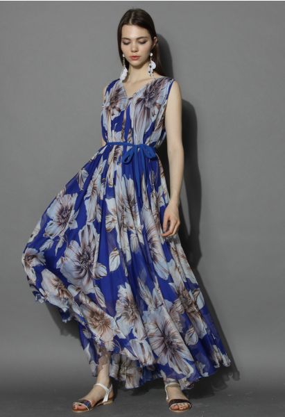Maravilloso Maxi Vestido Floral en Chifón Azul