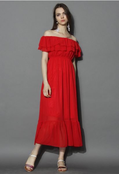 Maravilloso Maxi Vestido con Volantes y Hombros Descubiertos en Rojo