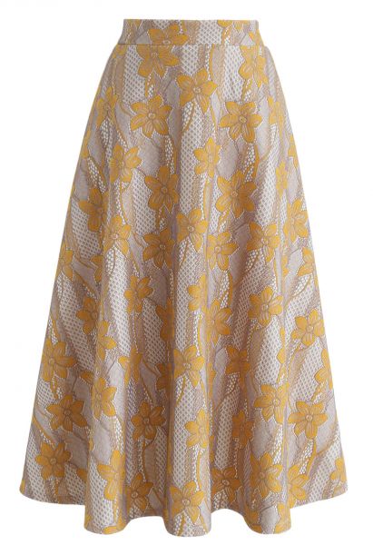 Falda a media pierna con estampado de flores Bauhinia en amarillo