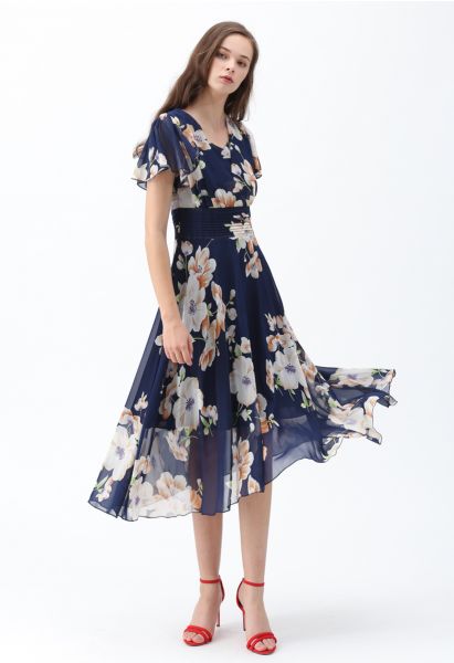 Vestido de gasa floral Sweet Surrender en azul marino