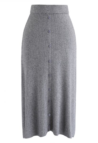 Falda midi de punto acanalada con botones en el frente en gris