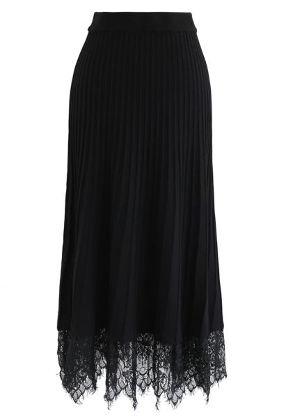 Falda de punto plisada con dobladillo de encaje en negro