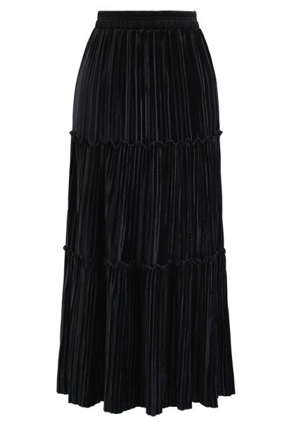Falda plisada de terciopelo con corte en A en negro