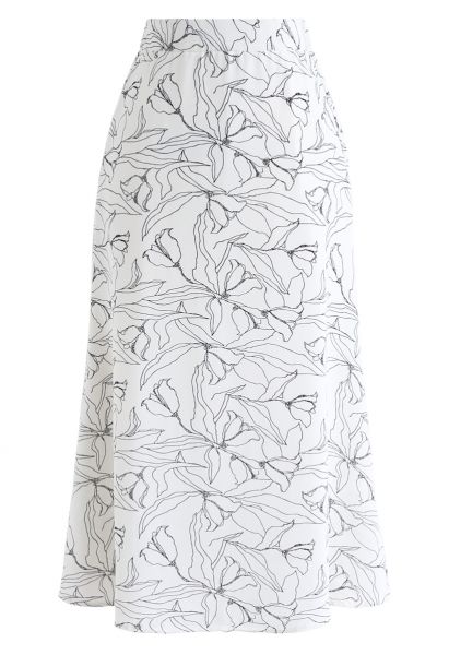 Falda midi con estampado floral abstracto en blanco