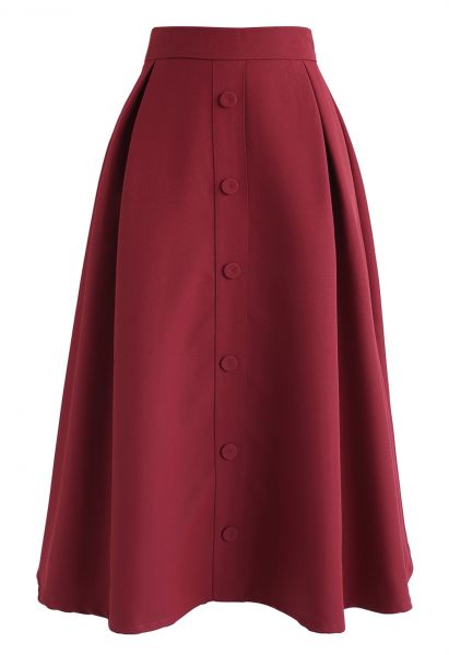 Falda midi evasé con botones en la parte delantera en rojo