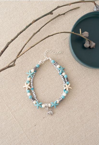 Layered Blue Starfish Beads Bracelet