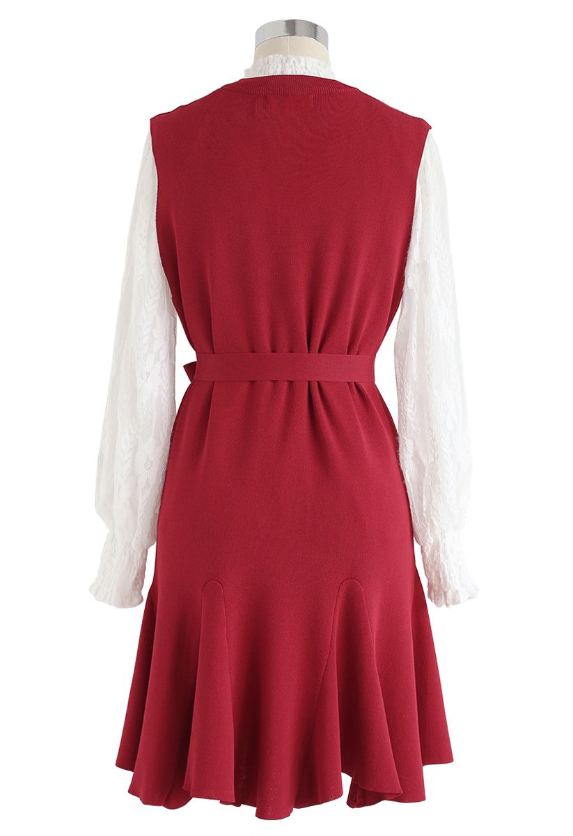 Mock Neck Lacy Top and Frill Hem Knit Dress Set in Red