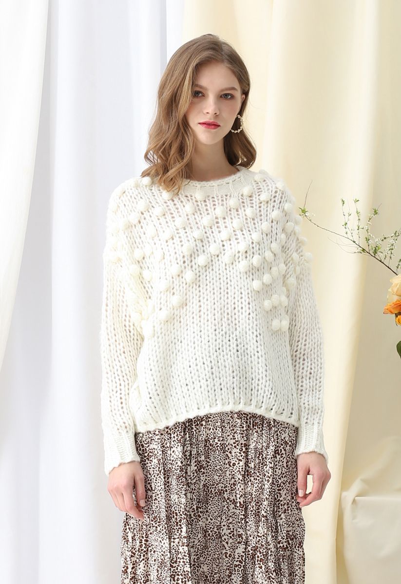 Hand-Knit Pom-Pom Trim Fluffy Sweater in White