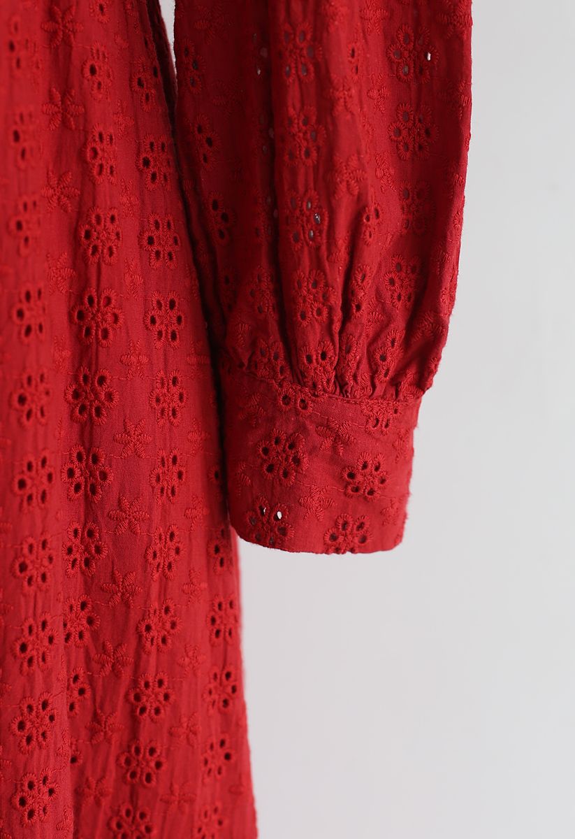 Perforated Embroidered Button Down Boho Dress