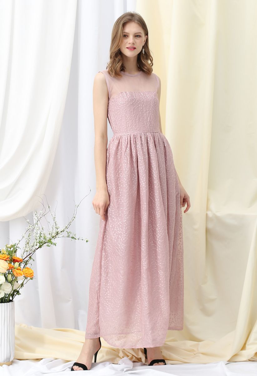 Mesh Spliced Floret Embroidered Maxi Dress in Pink
