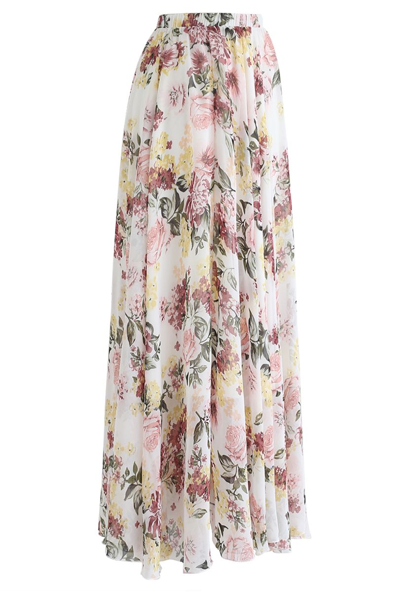 Falda larga floral de colores brillantes en crema