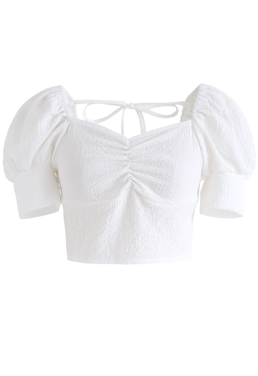 Shirred Back Sweetheart Neck Crop Top in White