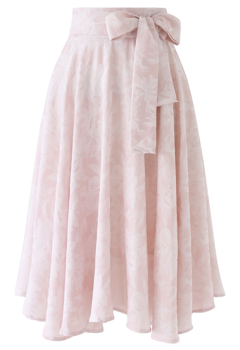 Sassy Leaves Jacquard Bowknot Waist Midi Skirt in Light Pink