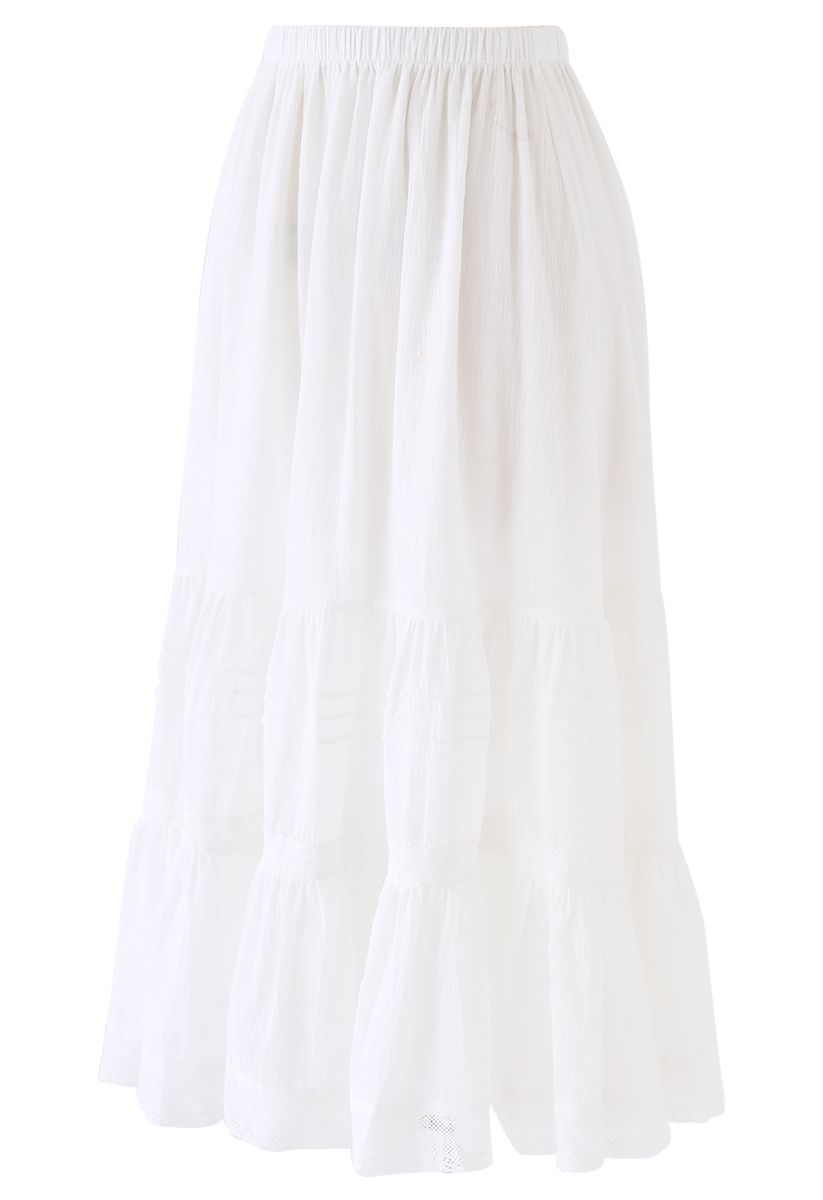 Pintuck Crochet Frill Hem Cotton Skirt in White