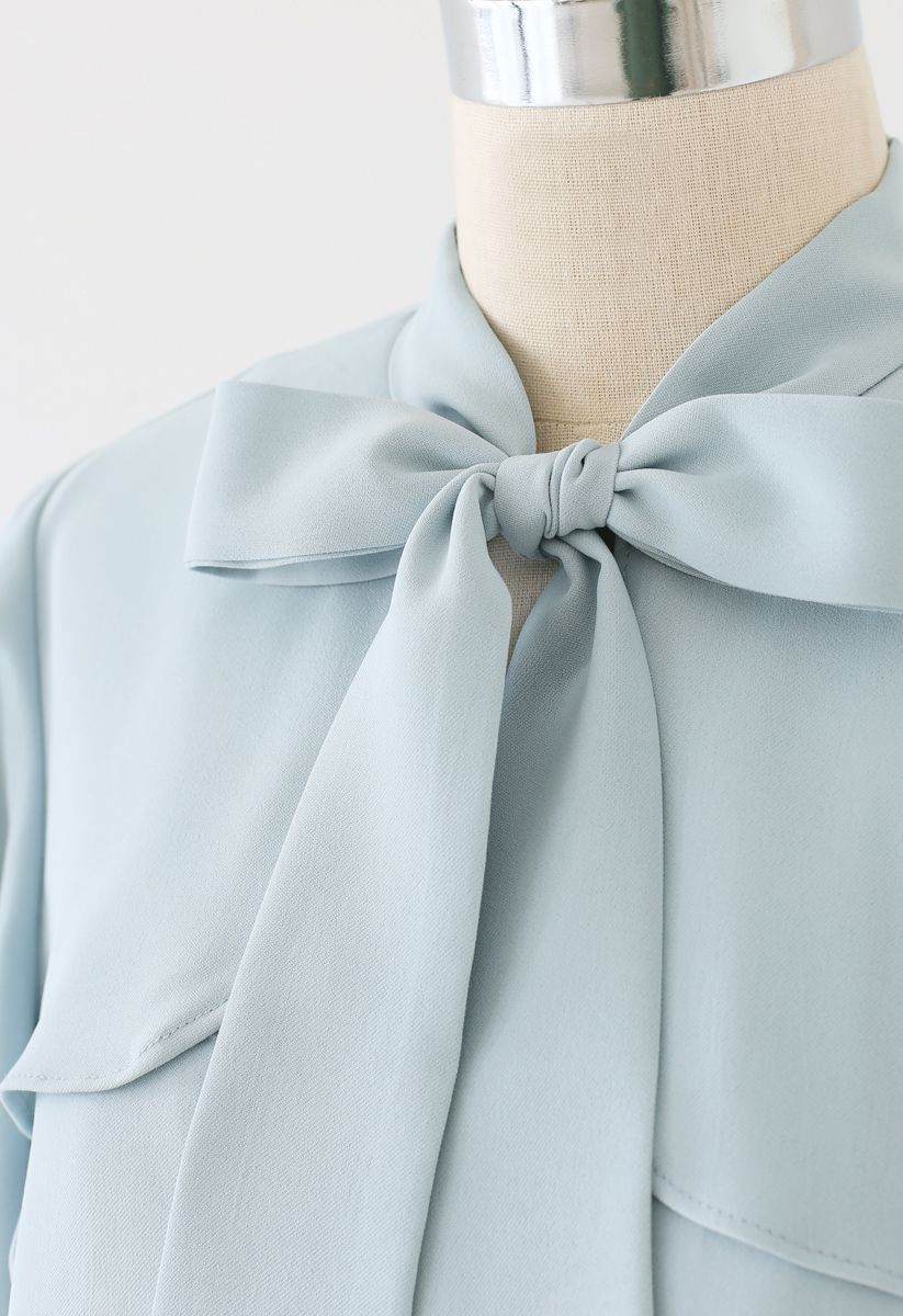 Bow Tie Flare Sleeves V-Neck Top in Blue