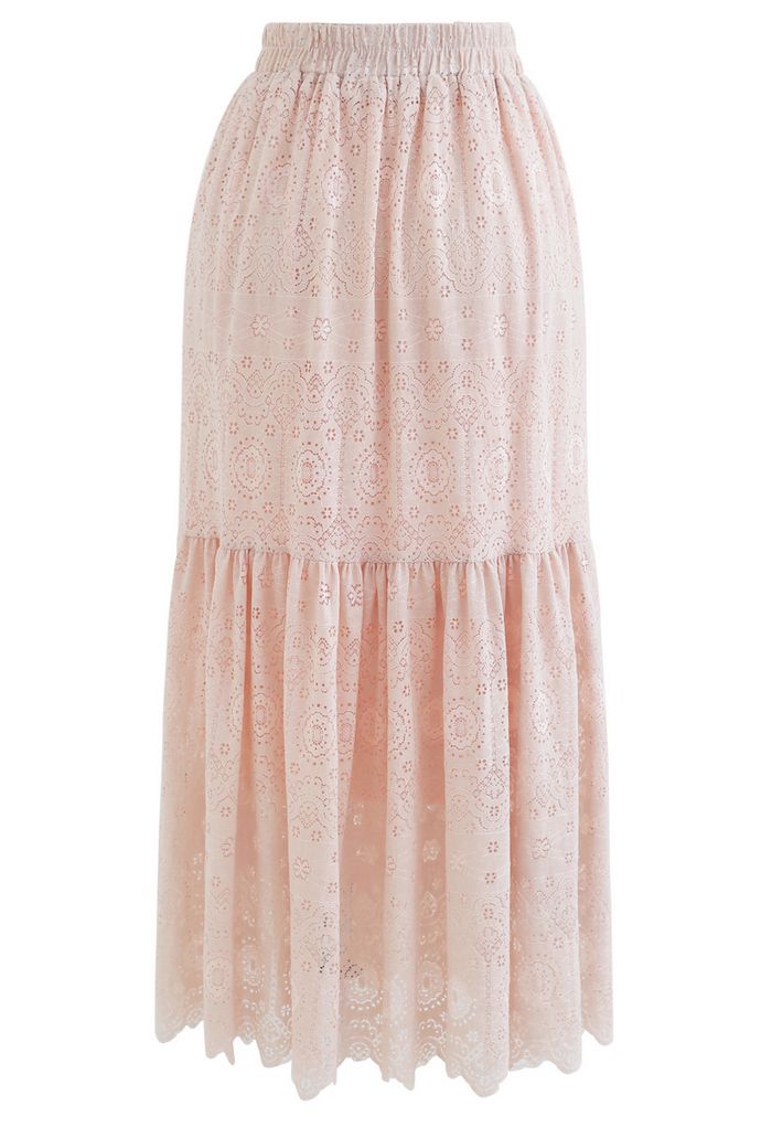 Frill Hem Full Floral Lace Midi Skirt in Peach