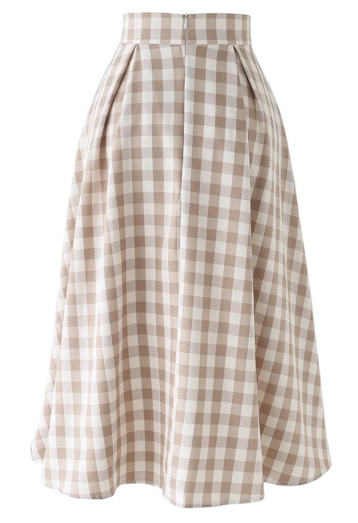 Buttoned Front Check Print A-Line Midi Skirt in Tan