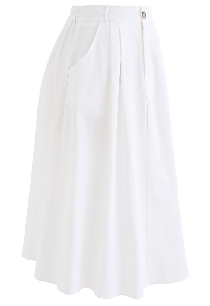 Slant Pockets A-Line Midi Skirt in White