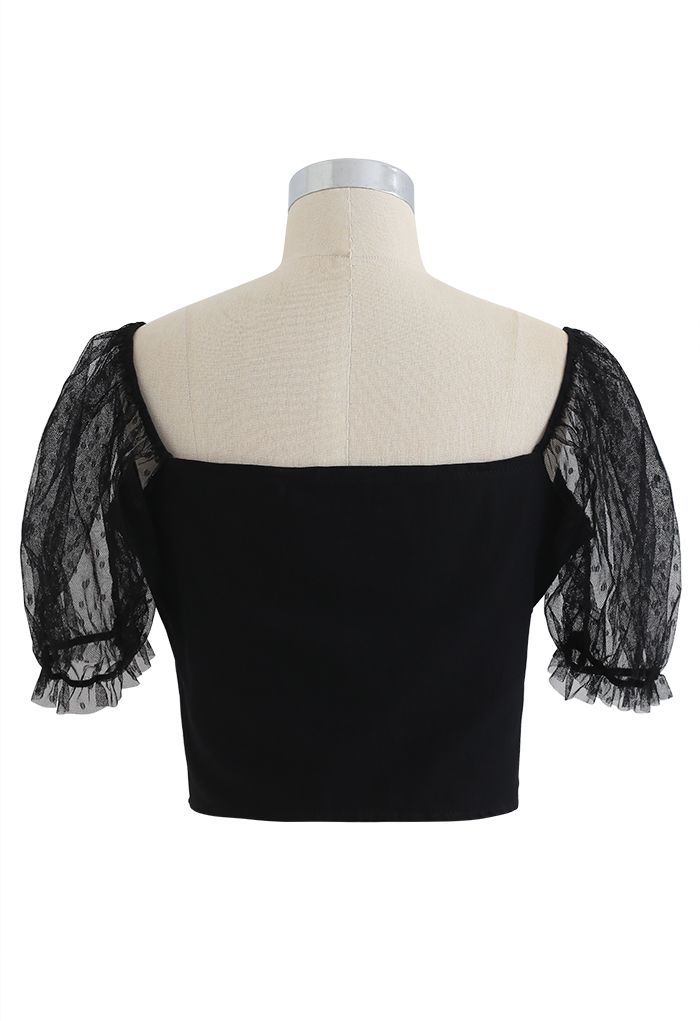 Lace Sleeves Spliced Button Down Crop Top in Black
