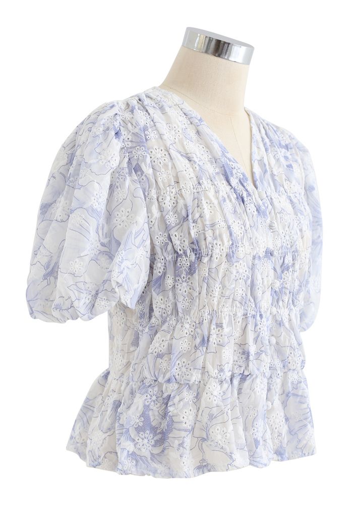 Floral Print Bubble Sleeves Button Down Chiffon Top in Blue