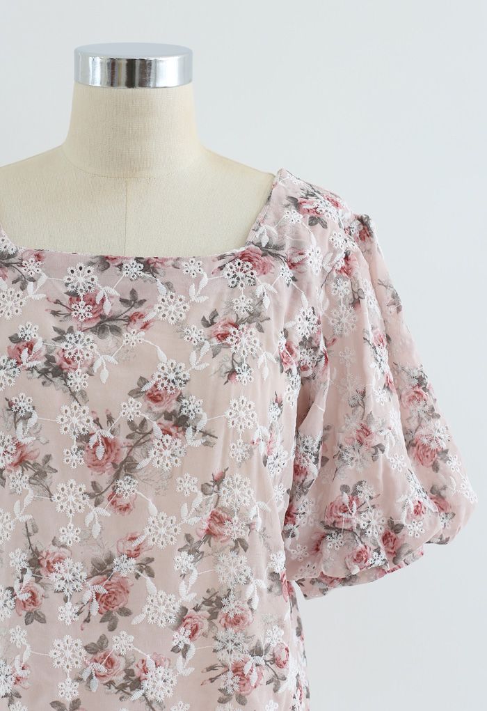Floral Print Embroidered Bubble Sleeves Chiffon Top in Light Pink