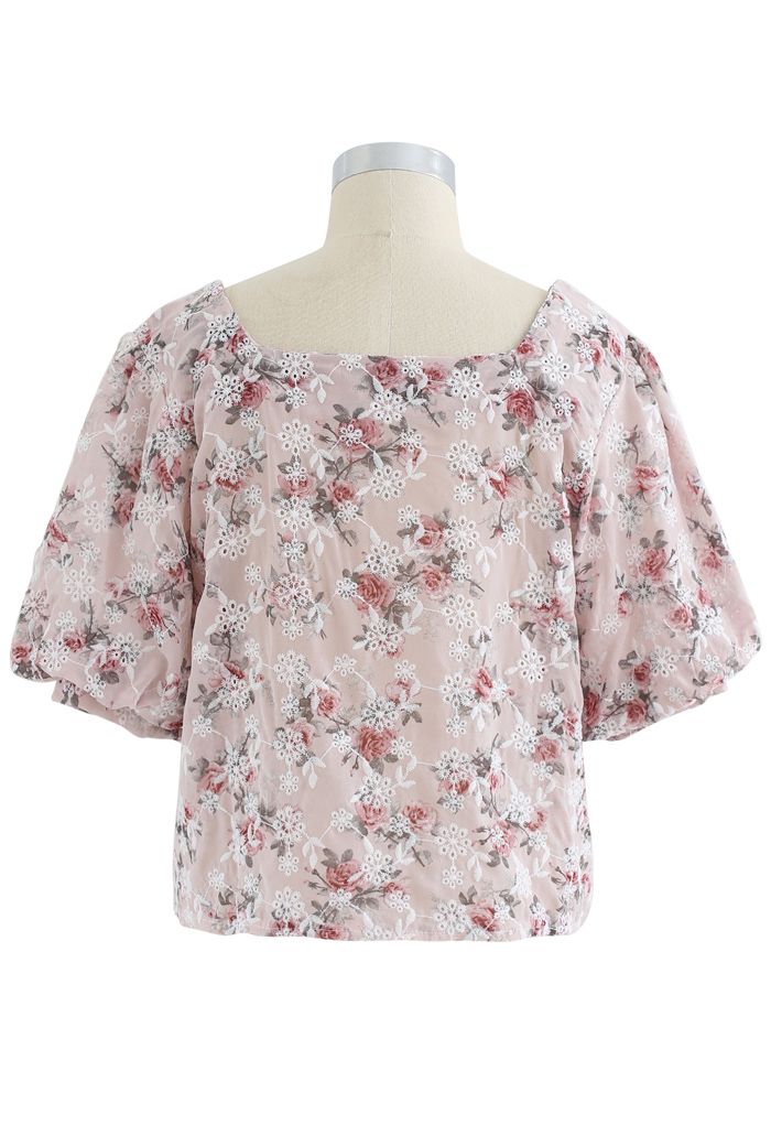 Floral Print Embroidered Bubble Sleeves Chiffon Top in Light Pink