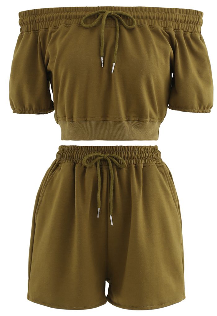 Drawstring Off-Shoulder Crop Top and Shorts Set in Moss Green