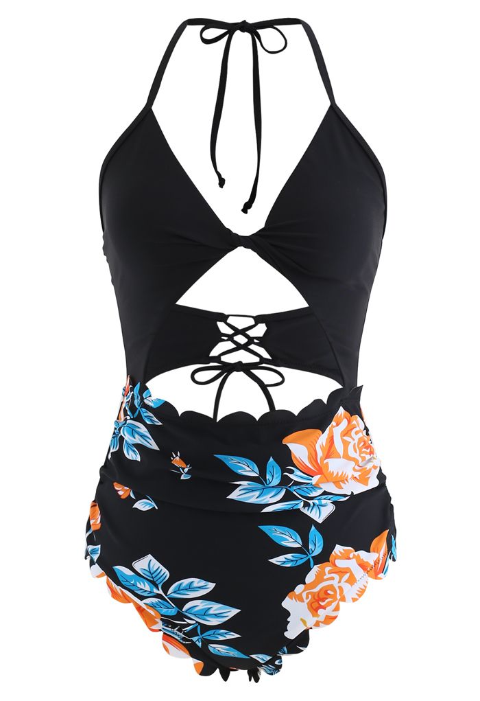 Twist Bust Lace-Up Scalloped Floral One-Piece Swimsuit