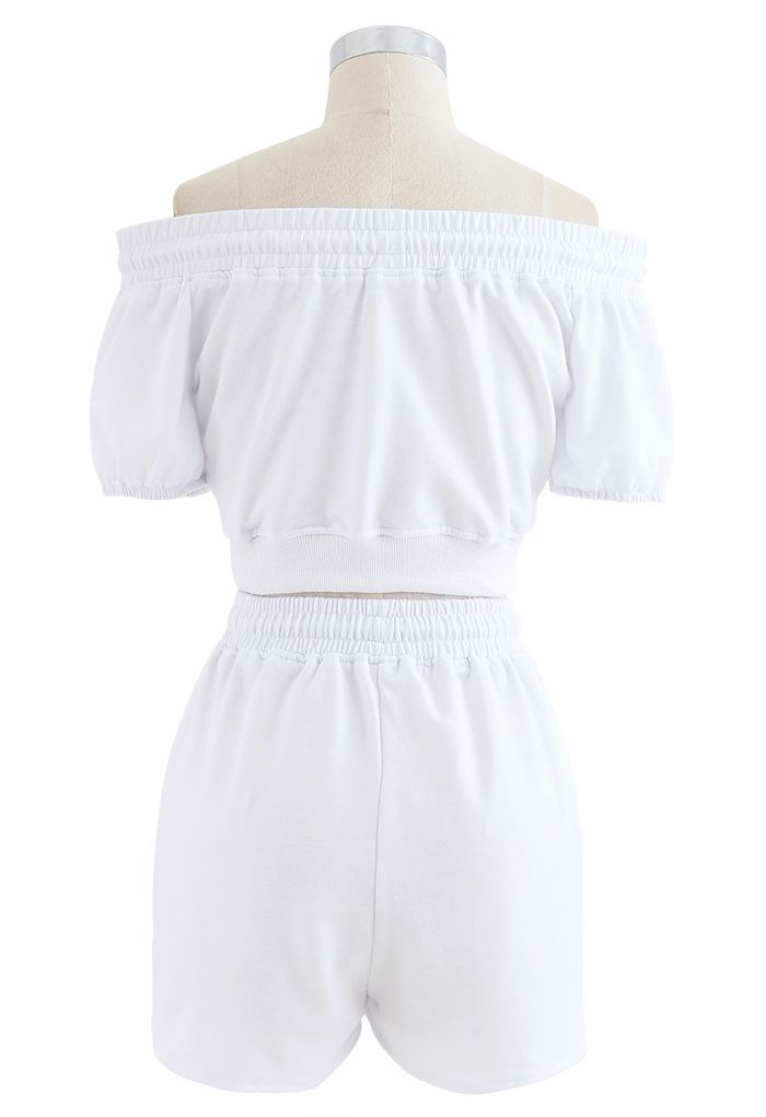 Drawstring Off-Shoulder Crop Top and Shorts Set in White
