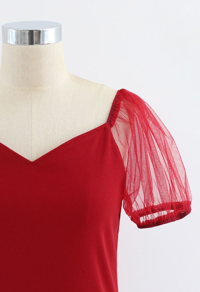 Mesh Bubble Sleeves Spliced Sweetheart Neck Top in Red
