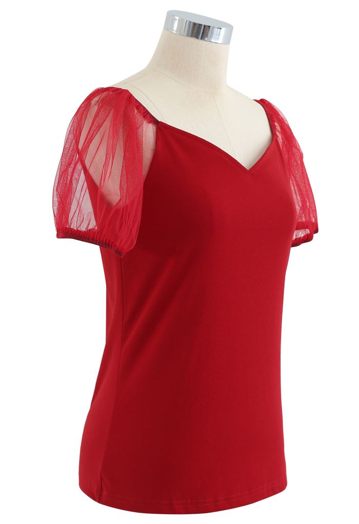Mesh Bubble Sleeves Spliced Sweetheart Neck Top in Red