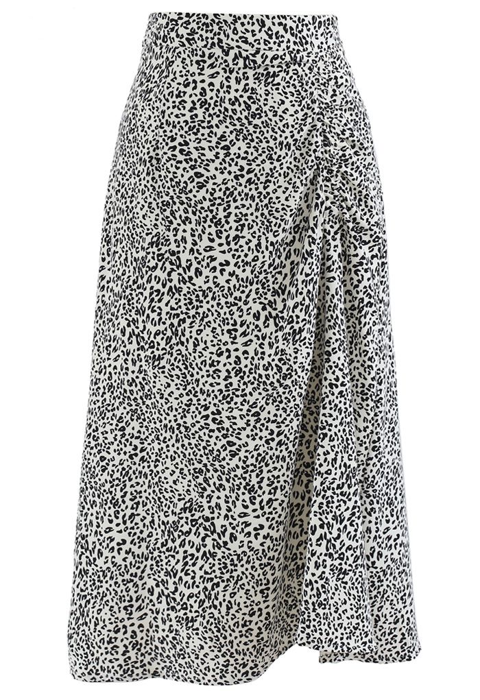 Animal Print Side Ruched Midi Skirt in Ivory