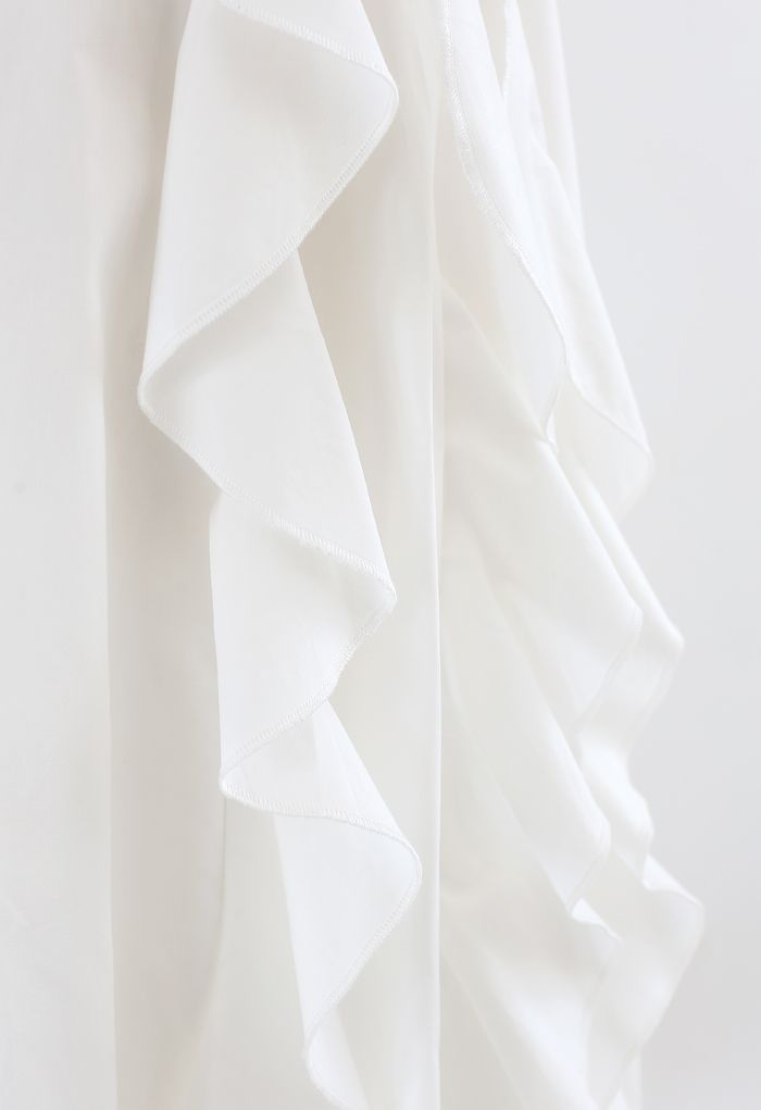 Ruffle Trim A-Line Cotton Midi Skirt in White