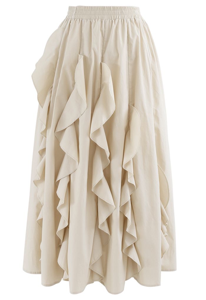 Ruffle Trim A-Line Cotton Midi Skirt in Cream