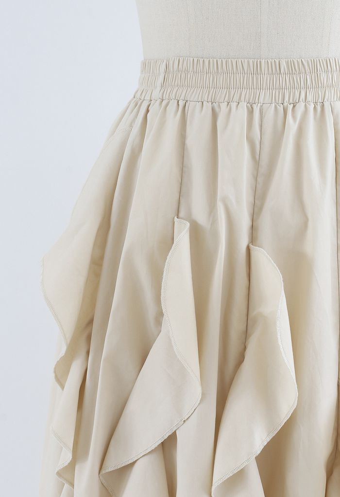 Ruffle Trim A-Line Cotton Midi Skirt in Cream