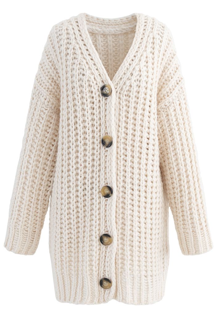 Hollow Out Chunky Knit Buttoned Cardigan in Cream