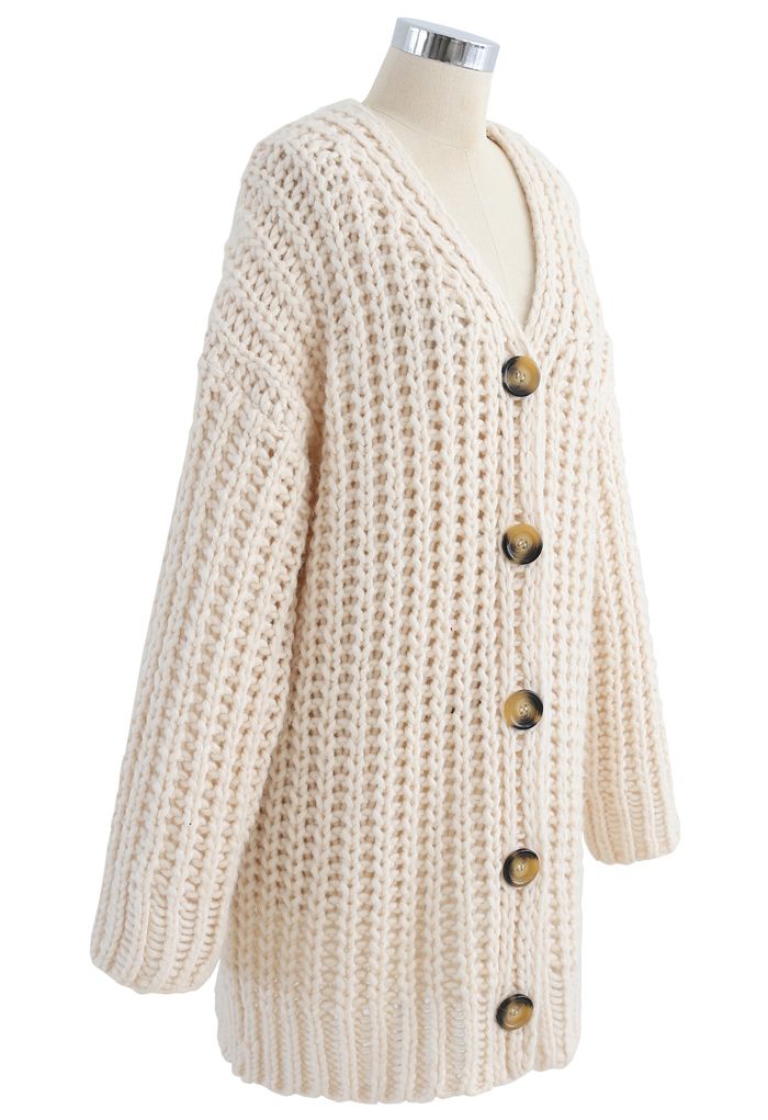 Hollow Out Chunky Knit Buttoned Cardigan in Cream